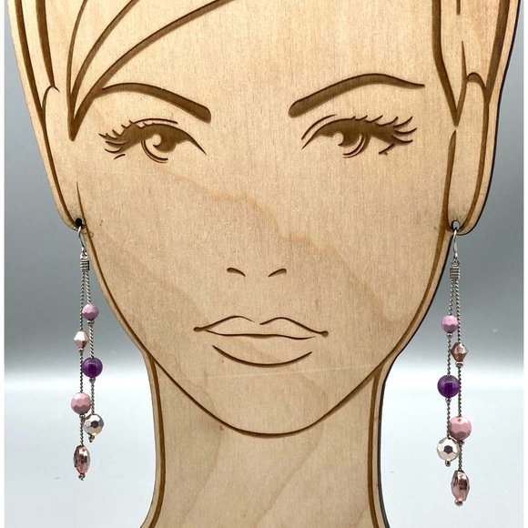 Shades of Pink Shoulder Duster Earrings, Faceted Crystal Beads on Silver Tone - Picture 4 of 4